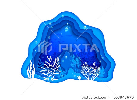 Cartoon sea paper cut underwater landscape. Aquatic bottom, underwater deep life or sea environment papercut vector concept. Sea nature 3d background with seaweed and algae on ocean bottom silhouette Cartoon sea paper cut underwater landscape. Aquatic bottom, underwater deep life or sea environment papercut vector concept. Sea nature 3d background with seaweed and algae on ocean bottom silhouette 103943679