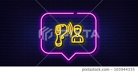 Neon light speech bubble. Electronic thermometer line icon. Temperature scanner sign. Fever measuring symbol. Neon light background. Electronic thermometer glow line. Brick wall banner. Vector 103944335