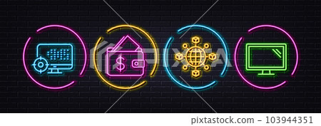 Seo, Wallet and Logistics network minimal line icons. Neon laser 3d lights. Monitor icons. For web, application, printing. Search engine, Affordability, International tracking. Vector Seo, Wallet and Logistics network minimal line icons. Neon laser 3d lights. Monitor icons. For web, application, printing. Search engine, Affordability, International tracking. Vector 103944351
