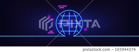 Neon light glow effect. Globe line icon. World or Earth sign. Global Internet symbol. 3d line neon glow icon. Brick wall banner. Globe outline. Vector 103944374