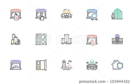 Home insurance, Arena stadium and Agent line icons for website, printing. Collection of Delivery market, Skyscraper buildings, Lighthouse icons. Sports arena, Open door, Market web elements. Vector 103944382