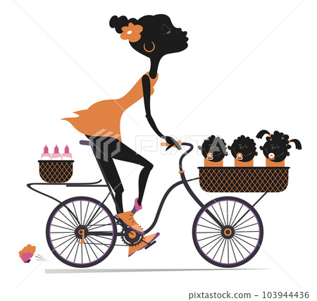 African woman and three babies ride on the bike. Happy African woman ride a bike with three babies and infant food in the baskets. Isolated on white background African woman and three babies ride on the bike. Happy African woman ride a bike with three babies and infant food in the baskets. Isolated on white background 103944436