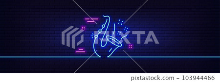 Neon light glow effect. Jazz line icon. Saxophone Musical instrument sign. Music symbol. 3d line neon glow icon. Brick wall banner. Jazz outline. Vector Neon light glow effect. Jazz line icon. Saxophone Musical instrument sign. Music symbol. 3d line neon glow icon. Brick wall banner. Jazz outline. Vector 103944466