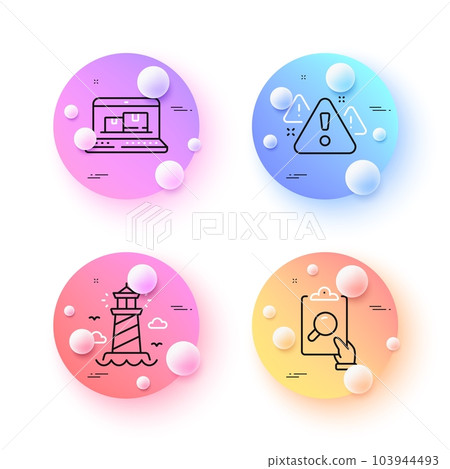 Lighthouse, Warning and Inspect minimal line icons. 3d spheres or balls buttons. Web inventory icons. For web, application, printing. Beacon tower, Important message, Clipboard document. Vector Lighthouse, Warning and Inspect minimal line icons. 3d spheres or balls buttons. Web inventory icons. For web, application, printing. Beacon tower, Important message, Clipboard document. Vector 103944493