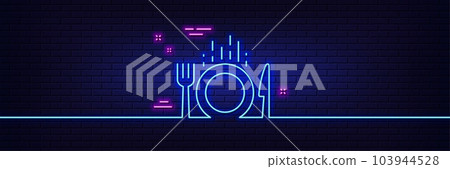 Neon light glow effect. Food line icon. Cutlery sign. Fork, knife symbol. 3d line neon glow icon. Brick wall banner. Food outline. Vector Neon light glow effect. Food line icon. Cutlery sign. Fork, knife symbol. 3d line neon glow icon. Brick wall banner. Food outline. Vector 103944528