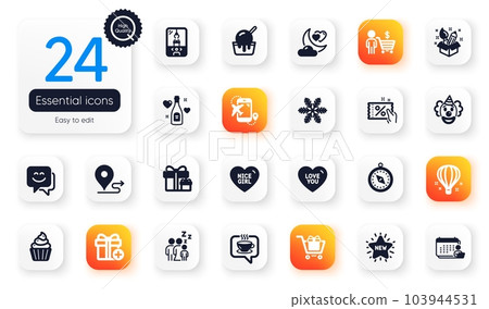 Set of Holidays flat icons. Coffee, Cupcake and Nice girl elements for web application. Love champagne, Crane claw machine, Buyer icons. Surprise package, Creativity, Clown elements. Vector Set of Holidays flat icons. Coffee, Cupcake and Nice girl elements for web application. Love champagne, Crane claw machine, Buyer icons. Surprise package, Creativity, Clown elements. Vector 103944531