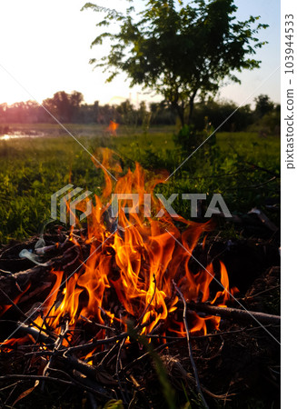 A burning bonfire is lit in the open air 103944533