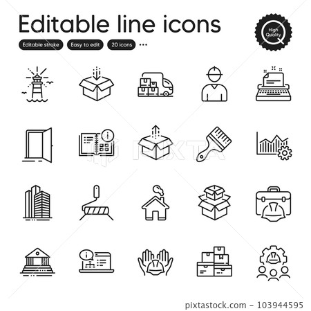 Set of Industrial outline icons. Contains icons as Home, Send box and Packing boxes elements. Open door, Court building, Engineer web signs. Engineering team, Instruction info. Vector Set of Industrial outline icons. Contains icons as Home, Send box and Packing boxes elements. Open door, Court building, Engineer web signs. Engineering team, Instruction info. Vector 103944595