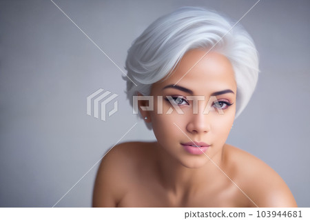 Close-up portrait of a sexy naked African woman with white lush short hair in a photo studio. Generative AI. Close-up portrait of a sexy naked African woman with white lush short hair in a photo studio. Generative AI. 103944681