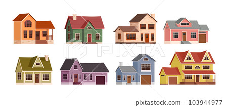 Cartoon American suburban houses. Home exterior, suburbs neighborhood buildings and real estate vector illustration set 103944977