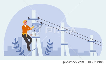 Electrician worker. Lineman climbing utility pole repairing high-voltage power lines, cable repairman fix transformer on electric post vector illustration 103944988