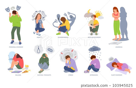 Mental disorders. People psychiatric problems, various mental health conditions and psychic illnesses vector illustration set 103945025