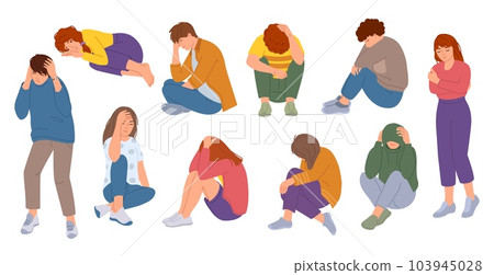 Young people suffer from anxiety. Depressive teenagers, headache pain and mental health vector illustration set 103945028