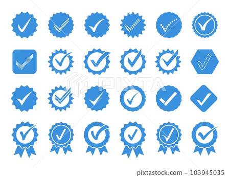 Blue check mark icons. Profile verification badge, approval seal and quality marks vector symbol set 103945035