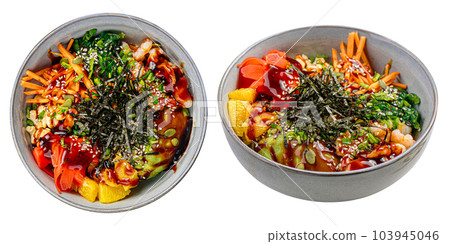 Isolated portion of shrimp poke bowl with cashew Isolated portion of shrimp poke bowl with cashew 103945046