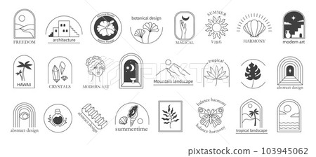 Bohemian linear tropical emblem template. Minimal abstract badges, modern line art Boho designs vector set 103945062