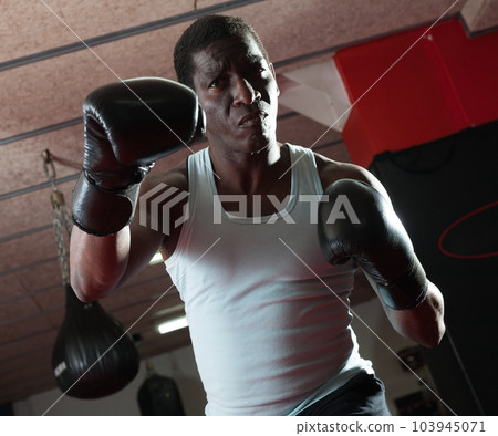 Confident afro american boxer holds training in the ring Confident afro american boxer holds training in the ring 103945071