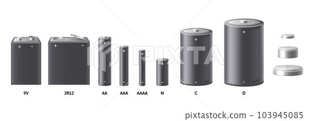 Realistic battery mockup. Different types of alkaline batteries and accumulators. Empty portable electricity power source template for design isolated 3D vector illustration set Realistic battery mockup. Different types of alkaline batteries and accumulators. Empty portable electricity power source template for design isolated 3D vector illustration set 103945085