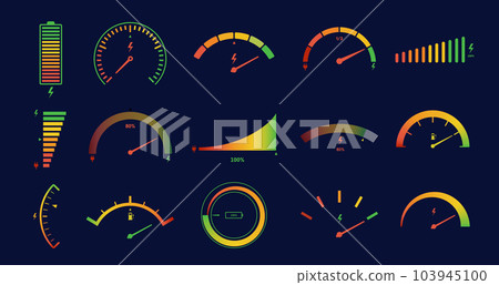 Electric car gauge scales. Energy meter, battery power level indicator for ev dashboard panel vector set Electric car gauge scales. Energy meter, battery power level indicator for ev dashboard panel vector set 103945100