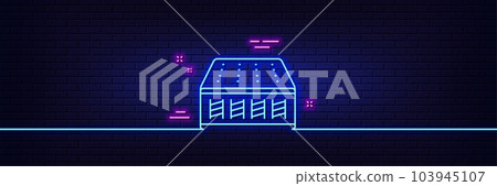 Neon light glow effect. Mattress pocket spring line icon. Orthopedic sprung pad sign. Breathable sleep bed symbol. 3d line neon glow icon. Brick wall banner. Mattress outline. Vector 103945107