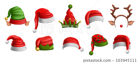 Christmas hats. Festive Santas red cap, elf hat with ears and Xmas deer antlers winter holidays party decoration elements vector illustration set 103945111