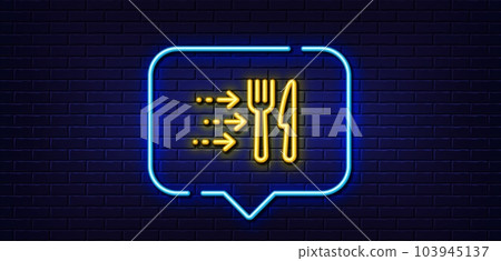 Neon light speech bubble. Food delivery line icon. Restaurant order sign. Catering service symbol. Neon light background. Food delivery glow line. Brick wall banner. Vector 103945137