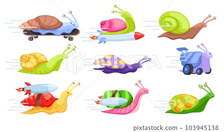 Cartoon fast snails. Turbo rocket fast-moving snail, playful gastropod on skateboard, slow run and humorous race vector illustration set Cartoon fast snails. Turbo rocket fast-moving snail, playful gastropod on skateboard, slow run and humorous race vector illustration set 103945138
