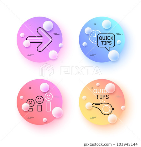 Customer satisfaction, Quick tips and Tutorials minimal line icons. 3d spheres or balls buttons. Next icons. For web, application, printing. Happy smile chart, Helpful tricks, Quick tips. Vector 103945144