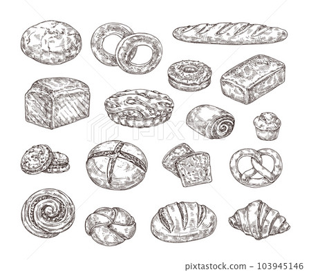 Sketch bakery food. Hand drawn bread, sweet pastry and desserts for food packaging designs. Baked goods vector illustration set 103945146