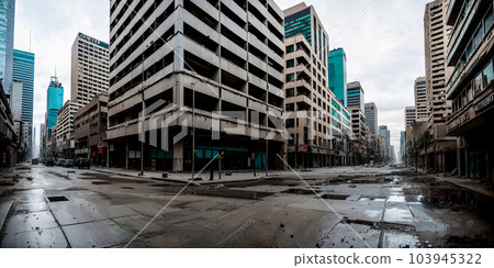Abandoned broken big city with skyscrapers after a disaster - tornado, earthquake or war. The concept of the end of the world and destruction - apocalypse. Generative AI. 103945322
