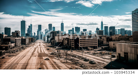 Abandoned, completely destroyed big city - a metropolis with skyscrapers. The concept of the end of the world, disaster and destruction - apocalypse. Generative AI. 103945334