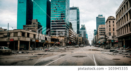 Abandoned, completely destroyed big city - a metropolis with skyscrapers. The concept of the end of the world, disaster and destruction - apocalypse. Generative AI. 103945335