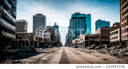 Abandoned, completely destroyed big city - a metropolis with skyscrapers. The concept of the end of the world, disaster and destruction - apocalypse. Generative AI. 103945336