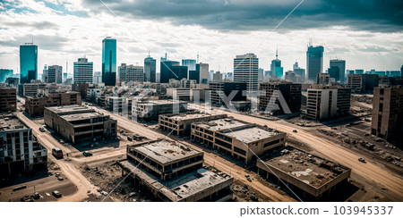 Abandoned broken big city with skyscrapers after a disaster - tornado, earthquake or war. The concept of the end of the world and destruction - apocalypse. Generative AI. 103945337