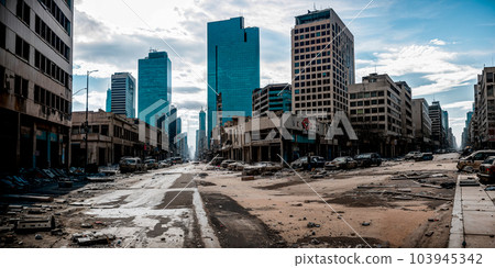 Abandoned, completely destroyed big city - a metropolis with skyscrapers. The concept of the end of the world, disaster and destruction - apocalypse. Generative AI. 103945342