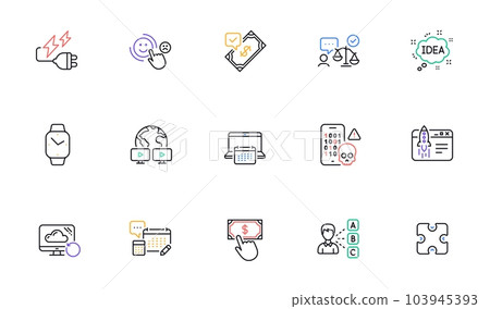 Account, Customer satisfaction and Smartwatch line icons for website, printing. Collection of Lawyer, Recovery cloud, Idea icons. Accepted payment, Puzzle, Opinion web elements. Vector 103945393