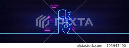 Neon light glow effect. Flag location line icon. Goal success sign. Leadership symbol. 3d line neon glow icon. Brick wall banner. Flag outline. Vector 103945400
