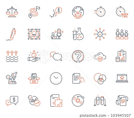 Education icons set. Included icon as Chemistry flask, Magistrates court and Timer web elements. Cloud computing, Journey, Binary code icons. Documents box, Justice scales. Vector Education icons set. Included icon as Chemistry flask, Magistrates court and Timer web elements. Cloud computing, Journey, Binary code icons. Documents box, Justice scales. Vector 103945507