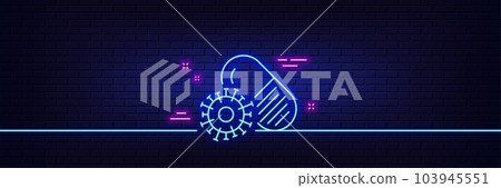 Neon light glow effect. Coronavirus pills line icon. Covid-19 virus vaccine sign. Corona virus symbol. 3d line neon glow icon. Brick wall banner. Coronavirus pills outline. Vector Neon light glow effect. Coronavirus pills line icon. Covid-19 virus vaccine sign. Corona virus symbol. 3d line neon glow icon. Brick wall banner. Coronavirus pills outline. Vector 103945551