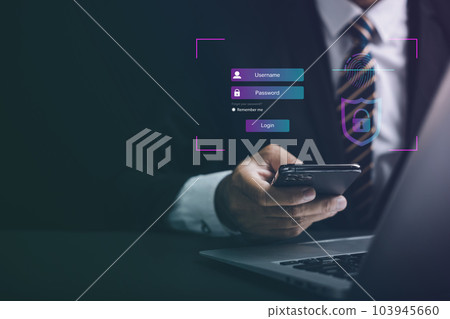 Security and access personal financial data with futuristic biometric fingerprint scanner on phone Surveillance and security scanning of digital programs cyber applications. data protection fingertips 103945660