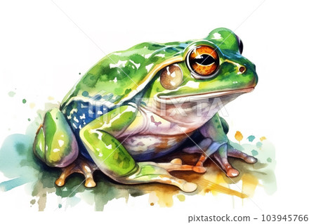 Watercolor painting of a green frog on a white background. Amphibian. Illustration, Generative AI. Watercolor painting of a green frog on a white background. Amphibian. Illustration, Generative AI. 103945766