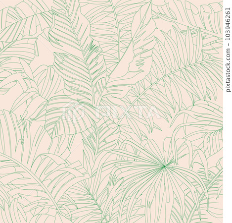 Dark green lines color of tropical leaves and plants on light green background, flat line vector and illustration. Dark green lines color of tropical leaves and plants on light green background, flat line vector and illustration. 103946261