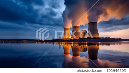 Nuclear power plant after sunset. Dusk landscape with big chimneys. cooling towers, power station Nuclear power plant after sunset. Dusk landscape with big chimneys. cooling towers, power station 103946305