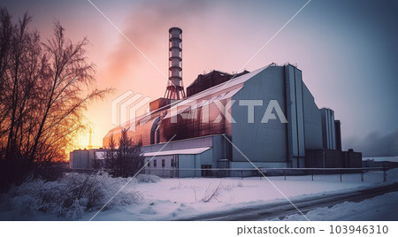 Nuclear power plant after sunset. Dusk landscape with big chimneys. cooling towers, power station 103946310