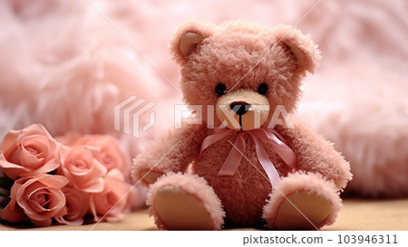 Cute smiling pink teddy bear doll in pink room. Background with shadow reflection. Playful bright pink bear sitting. Teddy bear plush stuffed puppet with ribbon on white backdrop. copy space Cute smiling pink teddy bear doll in pink room. Background with shadow reflection. Playful bright pink bear sitting. Teddy bear plush stuffed puppet with ribbon on white backdrop. copy space 103946311