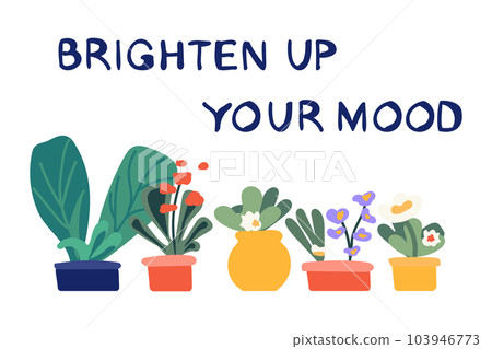 Brighten up your mood - hand drawn lettering in unique style with indoor flowers for a hobby. Home plants for interior. Illustration of Fun quote for poster made in flat style vector. 103946773