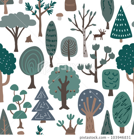 Doodle hand drawn trees and bushes. Vector forest illustration on white background. Cartoon flat Scandinavian style, design textile fabric, wrapping paper, wallpaper, kids. 103946831