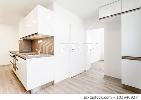 white kitchen unit in a new empty modern apartment 103946927