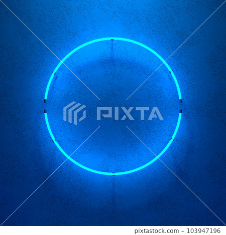 Round blue neon sign. Geometric glowing lines. Abstract background with copy space. 3d illustration. Round blue neon sign. Geometric glowing lines. Abstract background with copy space. 3d illustration. 103947196