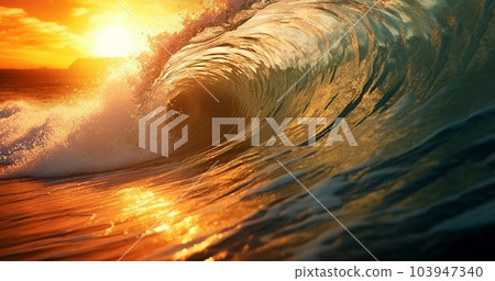 Ocean Wave Crashing at Sunrise, colorful beautiful blue waves with sunlight, closeup sunset sea water background 103947340
